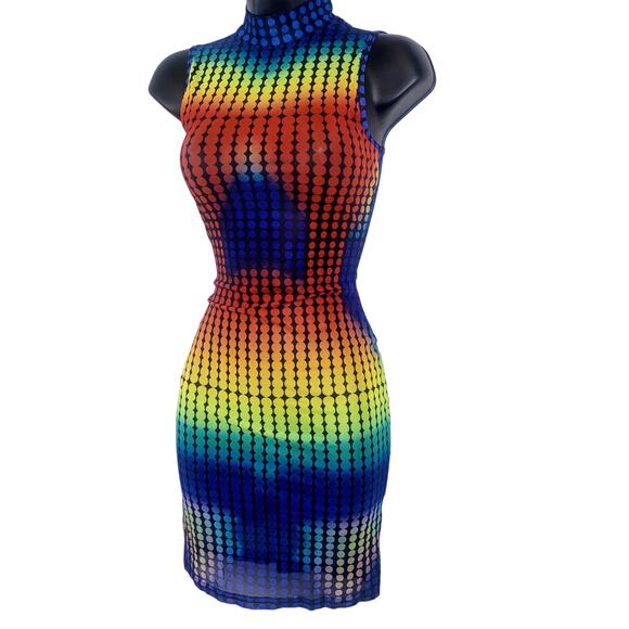 NEW Small Y2k Mesh Rainbow Heatmap 90's Bodycon Mini Dress Sheer Ombre Stretchy - Picture 1 of 6